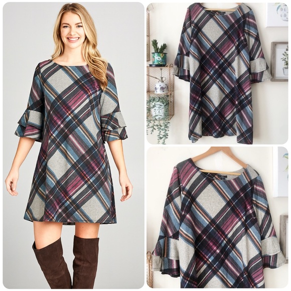 R&K Colorful Plaid Ruffle Tiered Sleeve Dress Plus Size 18 Fall Office Party - Picture 1 of 11